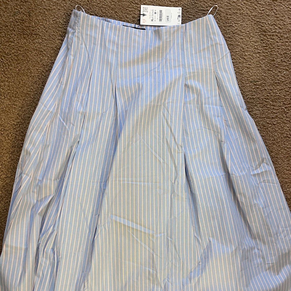NWT Zara Cotton Striped Pleated Midi Skirt Size XL High Rise Side Zip Boho